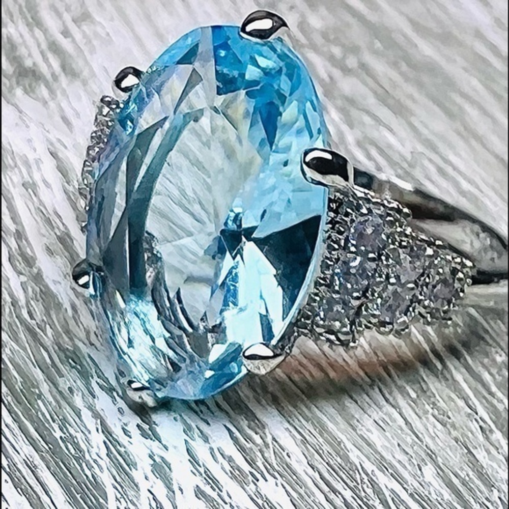Cambodian Blue Zircon Tanzanite Ring marquis cut with side diamonds 925 stamped